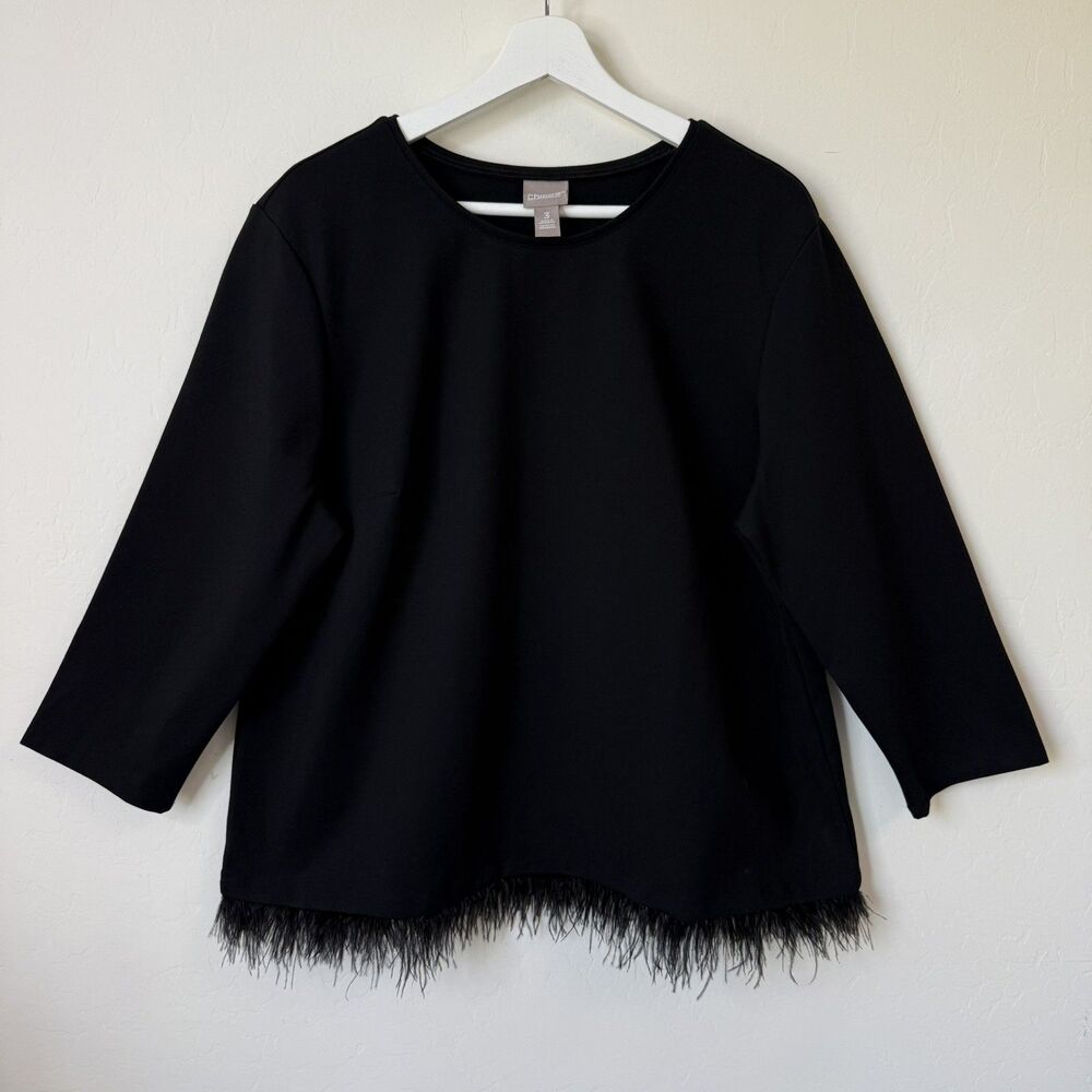 Chicos Size 3 Black Removal Feather Trim 3/4 Sleeve Top Party Chic Holiday